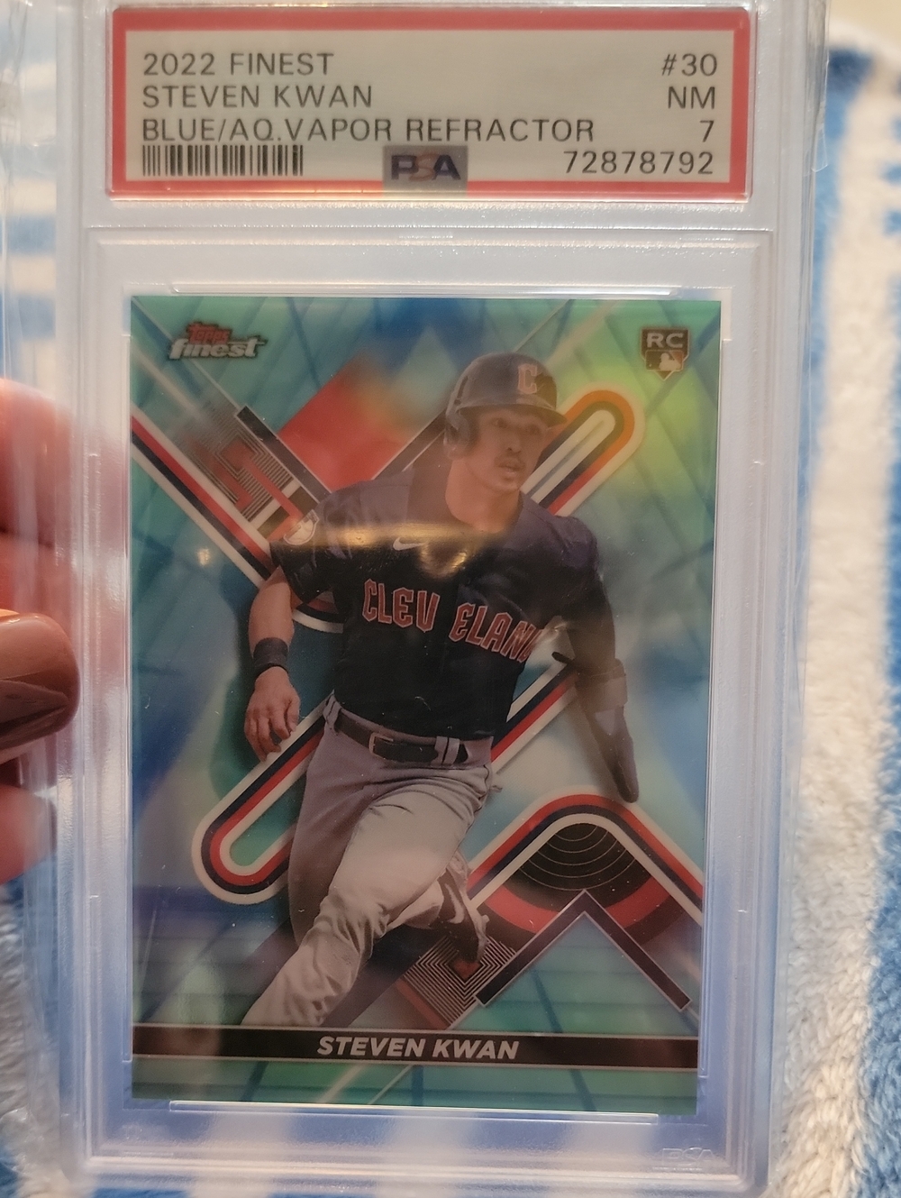 2022 Steven Kwan Blue Vapor Refractor Baseball Card - PSA 7